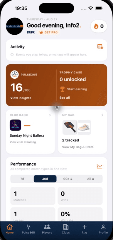 Pickleball365 iOS home dashboard