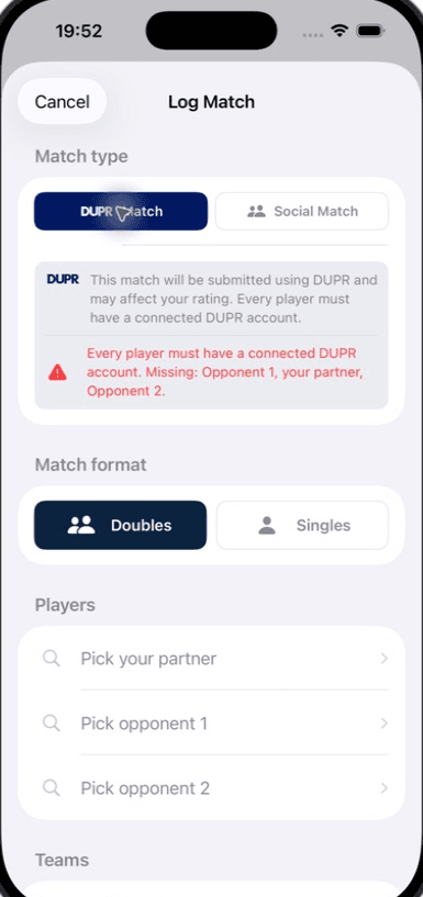 Pickleball365 iOS match entry
