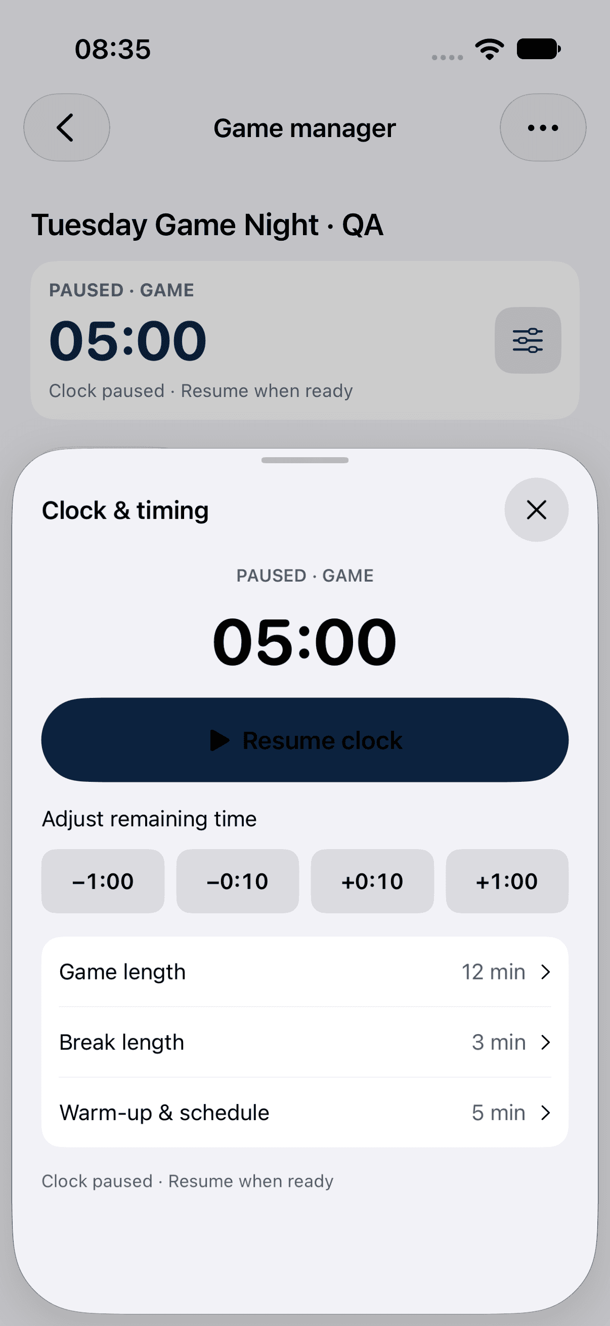 Current native iOS Clock & timing sheet showing a paused game, Resume clock, and duration controls with synthetic example data.